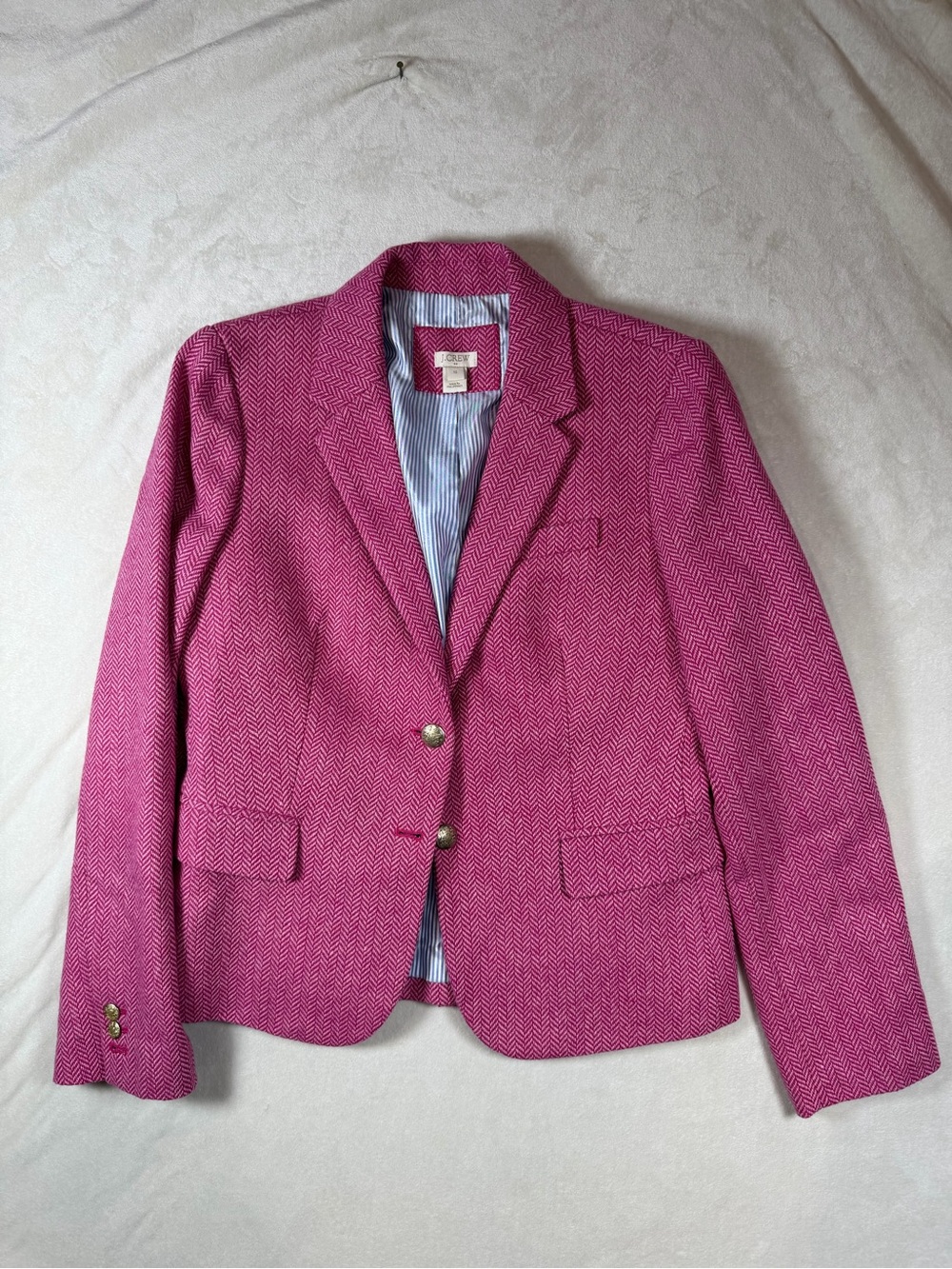 J. Crew Size 10 Pink Herringbone Wool Blend Two-Button Blazer Gold Buttons Chic